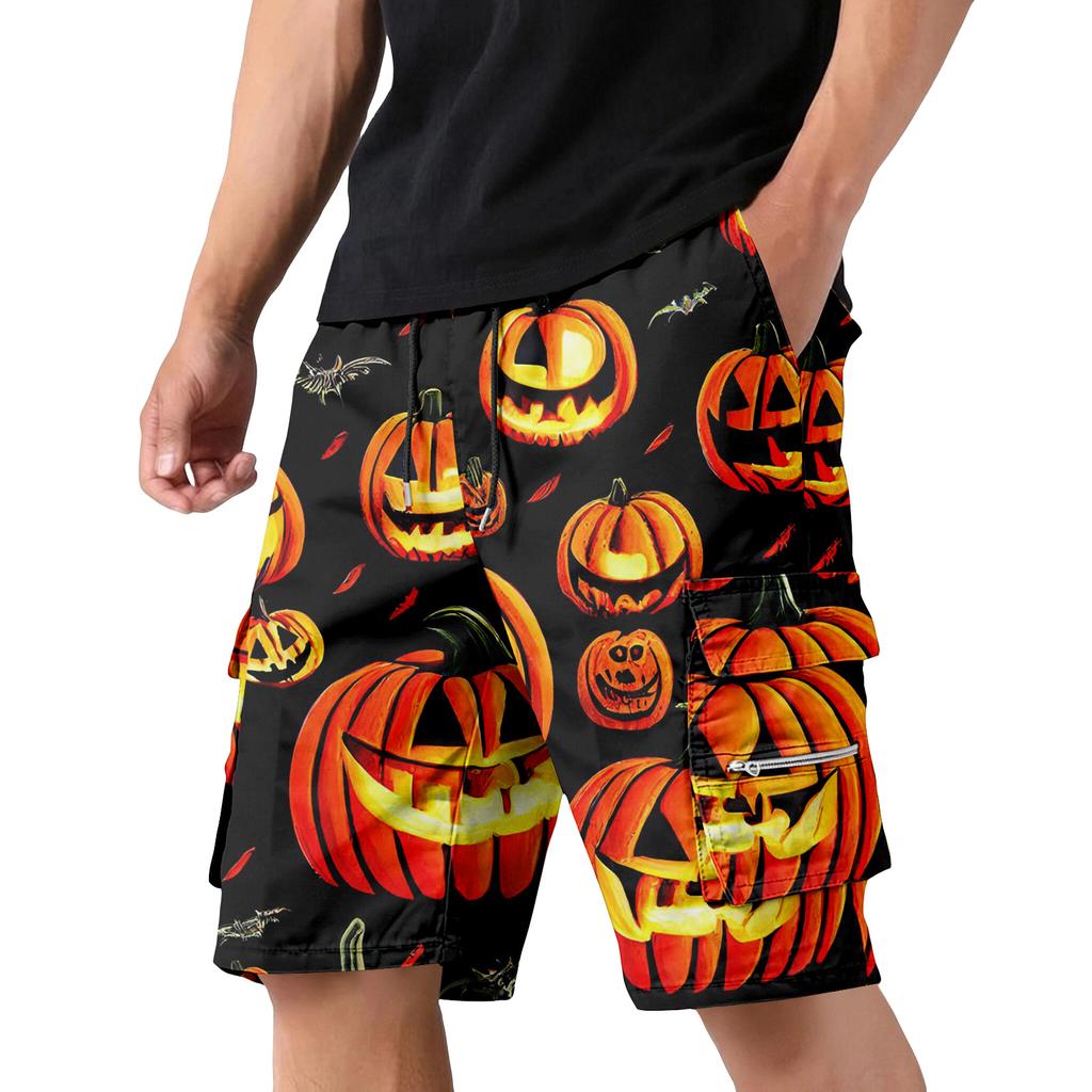 Pantaloncini Cargo da Uomo con Coulisse in Vita e Tasche con Stampa Teschio e Rosa Tema Halloween Vestibilità Larga Stile Streetwear