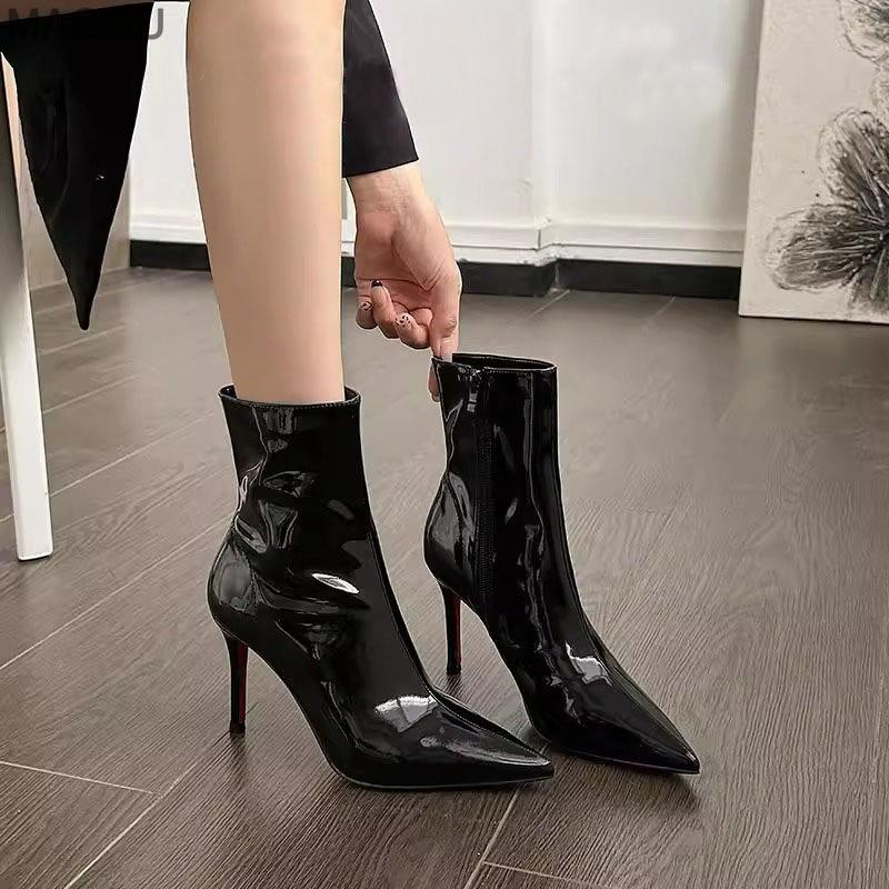 Patent Leather Pointed Toe Black Short Boots Fashion Ladies Sexy High Heel Botines Size 35-40 Women's High Boots Botas Mujer