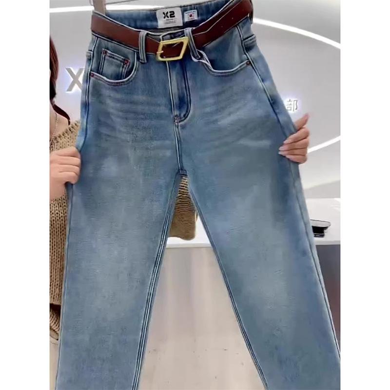 Plus Size High-Waisted Fleece-Lined Wide Leg Jeans for Women - Autumn/Winter 2024 Slimming Style