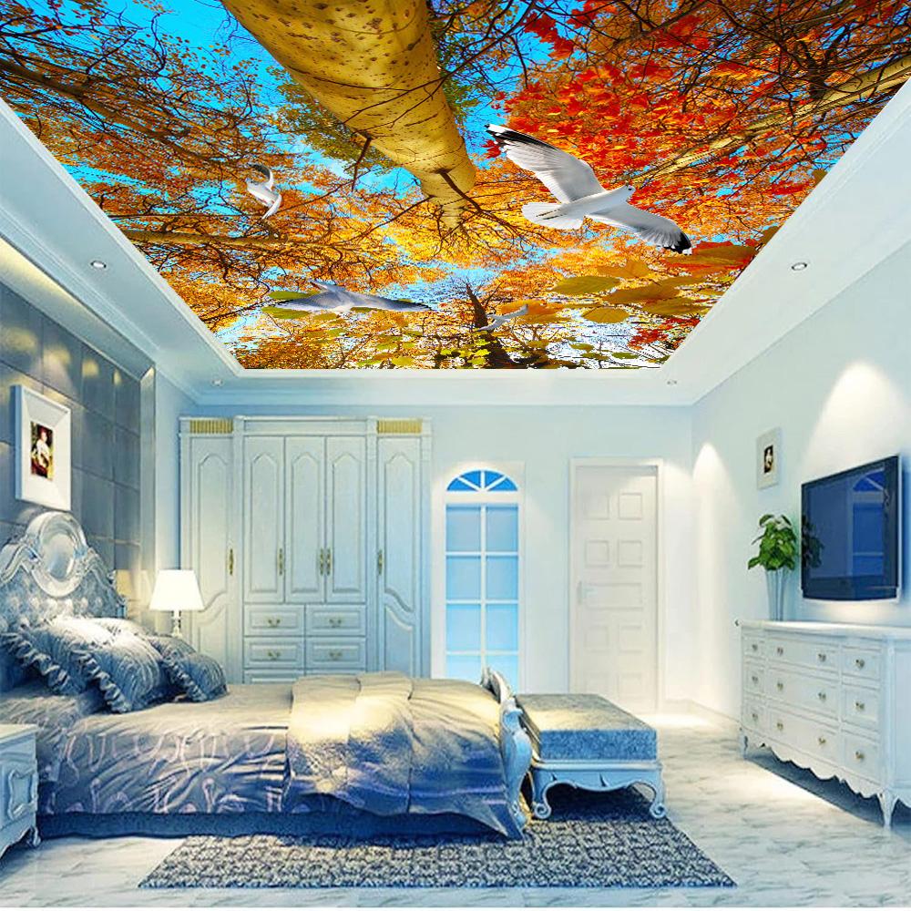 Tapet 3d pentru tavan, frunze de toamnă, porumbei albi, peisaj natural, picturi murale pentru tavan pentru sufragerie dormitor decor acasă