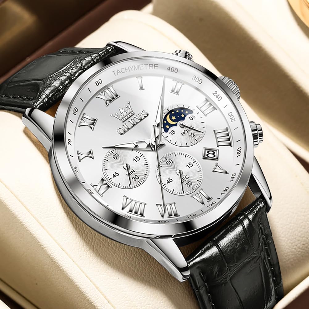 OLEVS Watch Leather Wristwatch Waterproof Watch Analog Stylish Simple Quartz Lightweight Brown Gentleman Date Day of the Week White Men's Men's