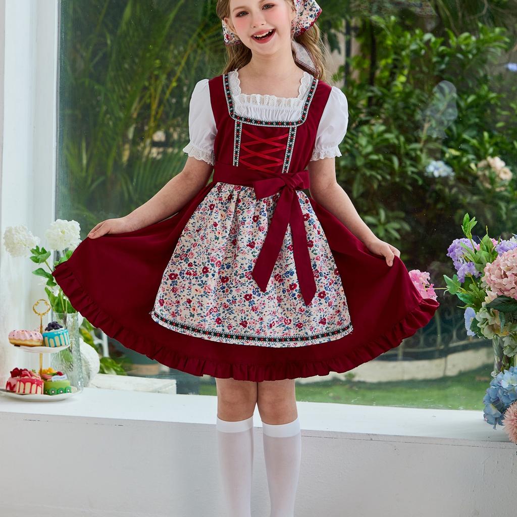 Girls Traditional Farm Dress with Apron and Headscarf Bavarian Oktoberfest Costume for Kids Rustic Country Style Outfit