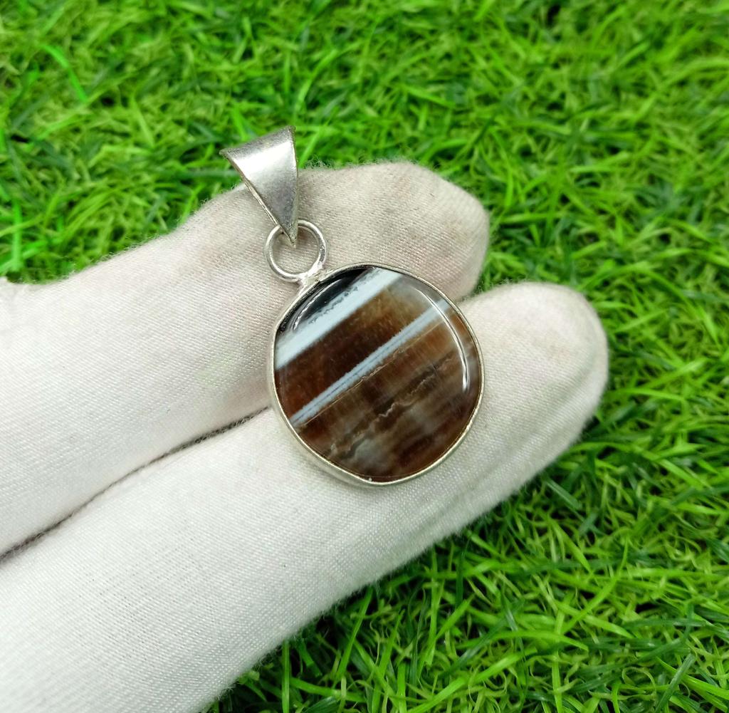 Banded Agate Gemstone 925 Sterling Silver Plated Bezel Pendant DEP-480