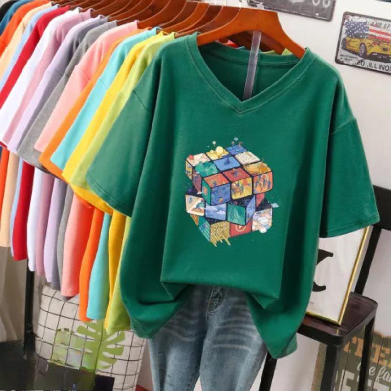 Short-sleeved T-shirt for Women, Large Size, Loose and Slimming, Printed V-neck Top
