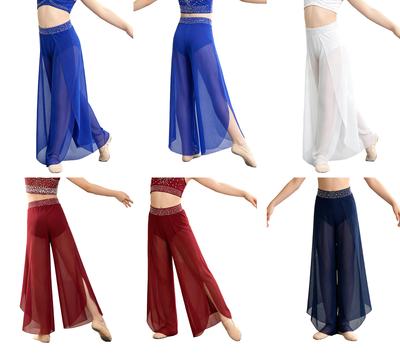 Girls Lyrical Dance Costume Shiny Rhinestone Waistband Side Split Mesh Pants