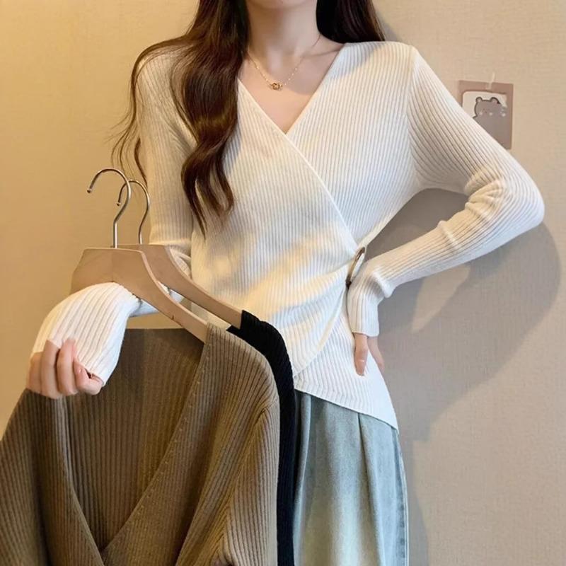 Autumn Winter V-neck Solid Irregular Waist Sweater Women Long Sleeve All-match Bottomed Pullover Knitting Top