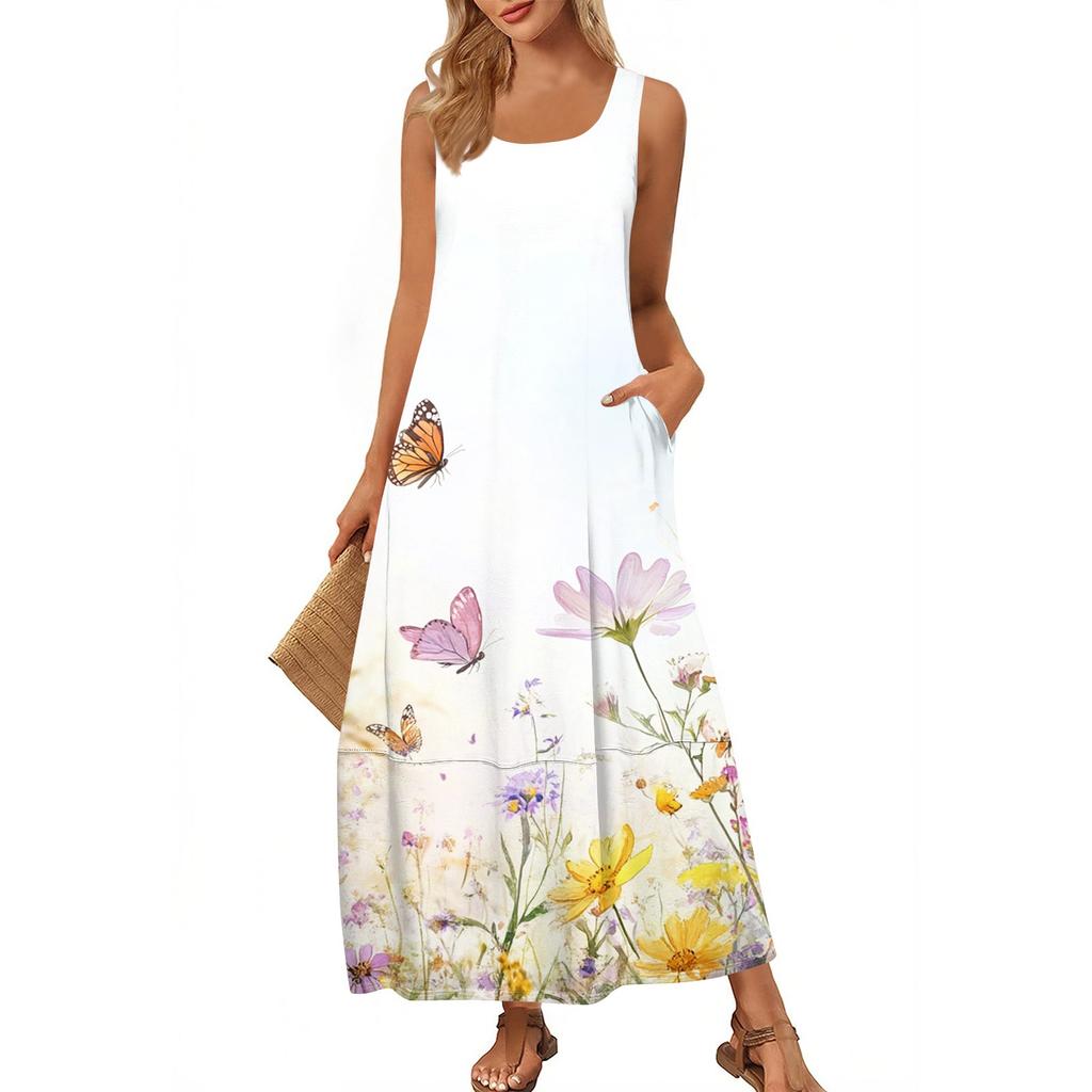 Women's Casual Floor-length Sundress Summer Beach Dress Round Neck Sleeveless Loose  Print Sundress