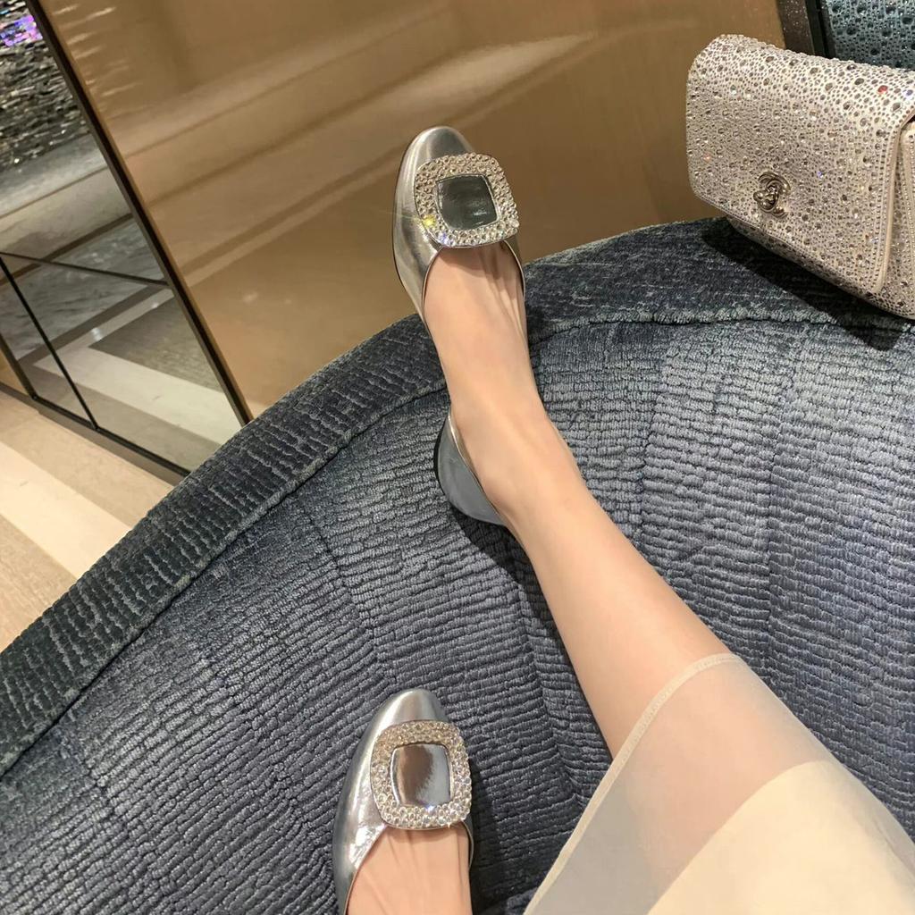 Spot Second Hair! Grape Mother Same Shoes French Rhinestone Square Buckle Satin Round Head Flat Bottom Hollow Commuting Single Shoes Women