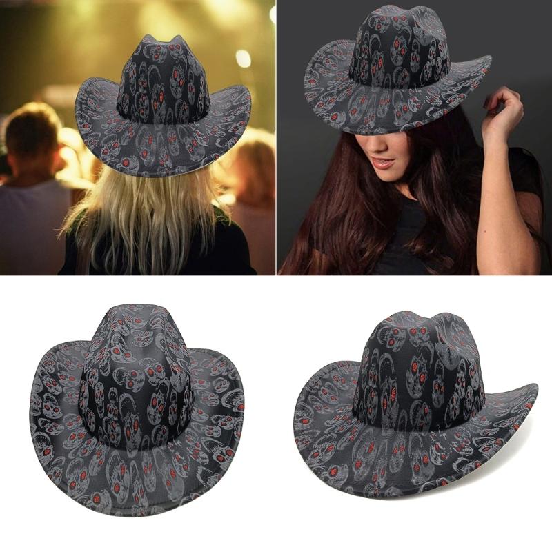 Elegant Punk Western Top Hat Wide Brims Fedoras Hat with Skull Pattern for Women Men Unisex Vintage Party Headwear