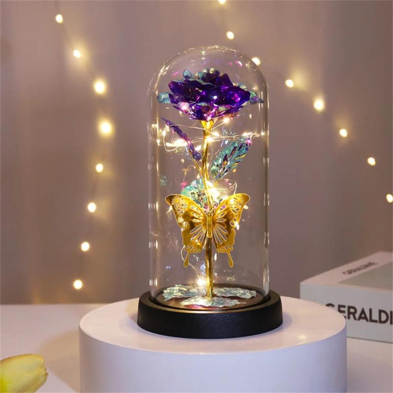 Galaxy Rose Lamp with Butterfly & Colorful LED Lights Artificial Rose in Glass Dome Battery Powered Romantic Gift for Wedding Home Decor