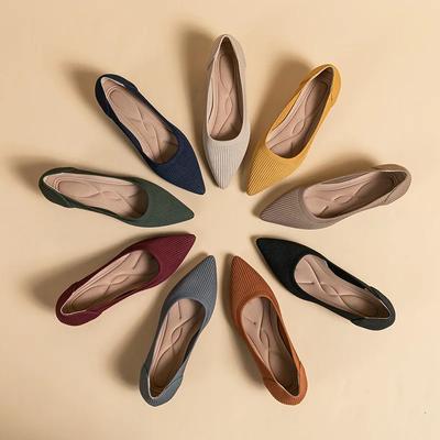 Spetsig tå Enfärgad Stretchstickad Skor Pumps Slip on Sula Låga Klackar Andningsbara Loafers Dam Mesh Grund Sockskor