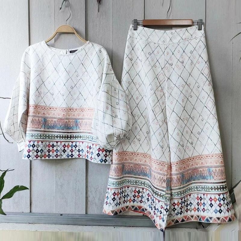 

ZANZEA Женский блузон с рукавом 3/4 и брюки Повседневный принт Комплекты из двух предметов XL белый