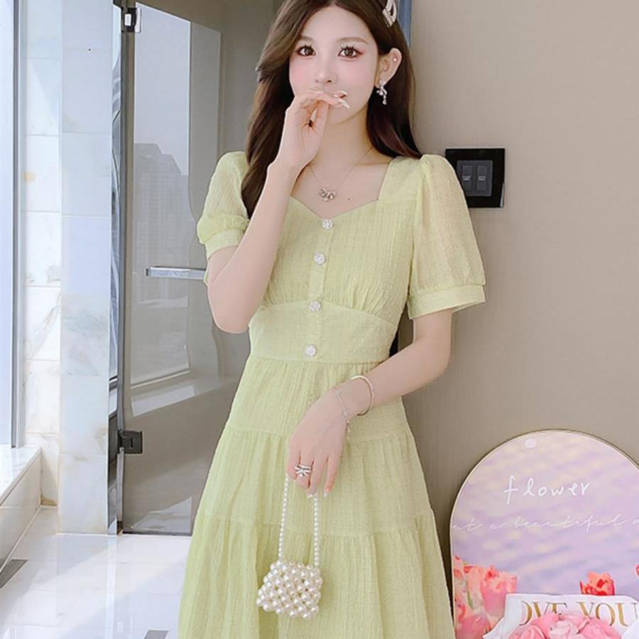 Women s Petite Green Chiffon A-Line Dress - French Style, Short Sleeve, Waist-Cinched Chic S Under 95 lbs