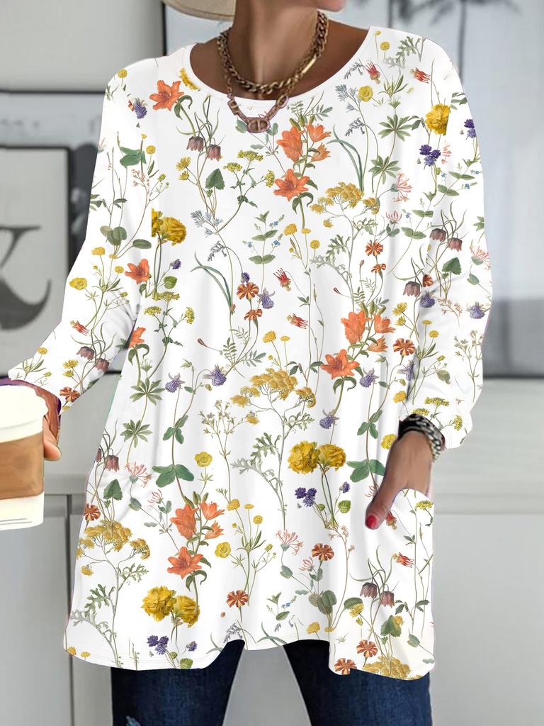 2025 Herbst Winter Neue Übergröße Damen Tops, Blumen 3D Druck Mode Rundhals Langarm T-Shirts