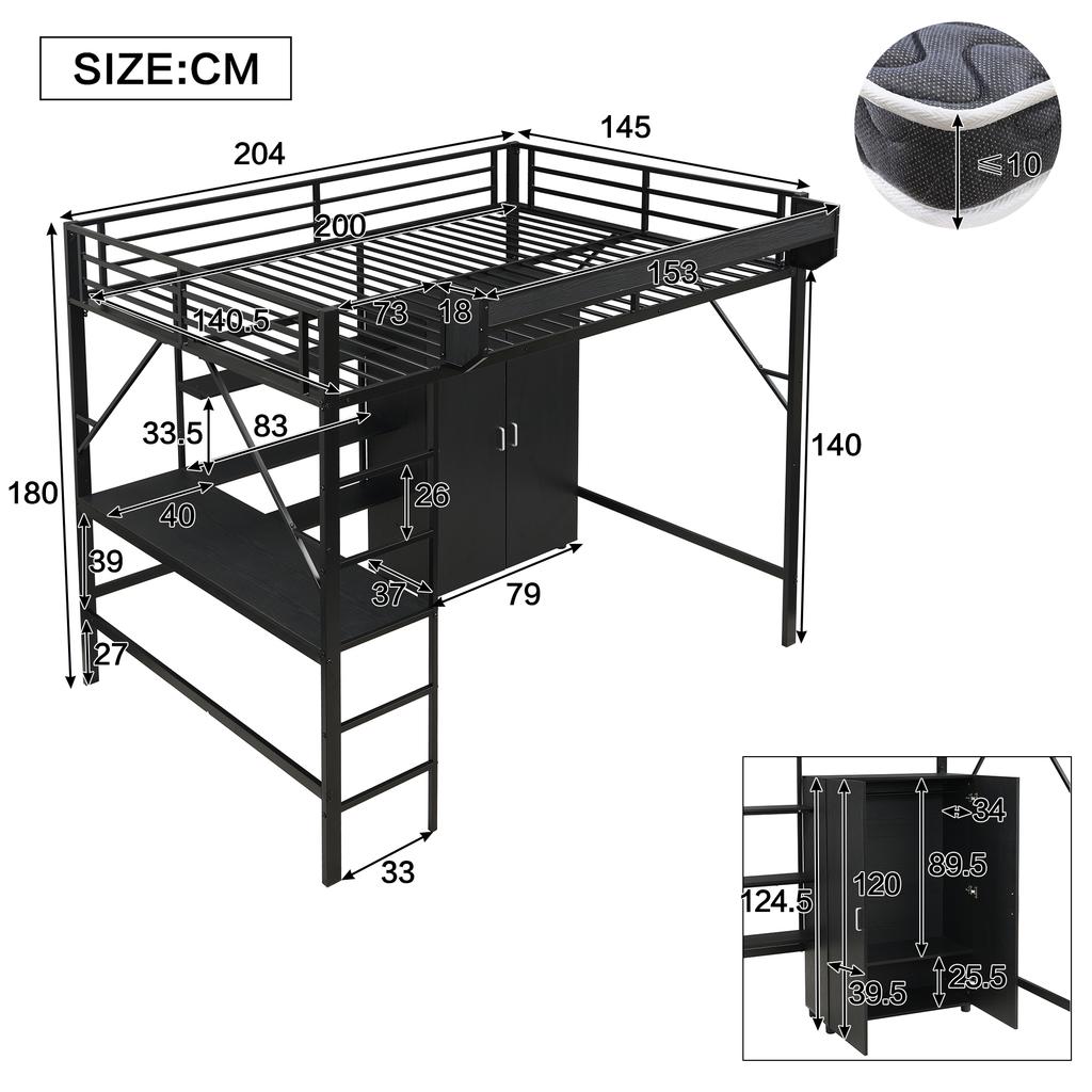 Letto in Ferro, Letto a Soppalco, Doppio Strato di Stoccaggio Sotto la Scrivania, Letto Superiore con Stoccaggio, Con Armadio, Ferro + MDF, Nero, 140x200cm