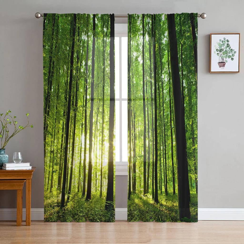 Light Filtering Green Branches Plant Leaves Tulle Curtains Living Room Bedroom Decoration Transparent Chiffon Voile Window Curtain Polyester Washable