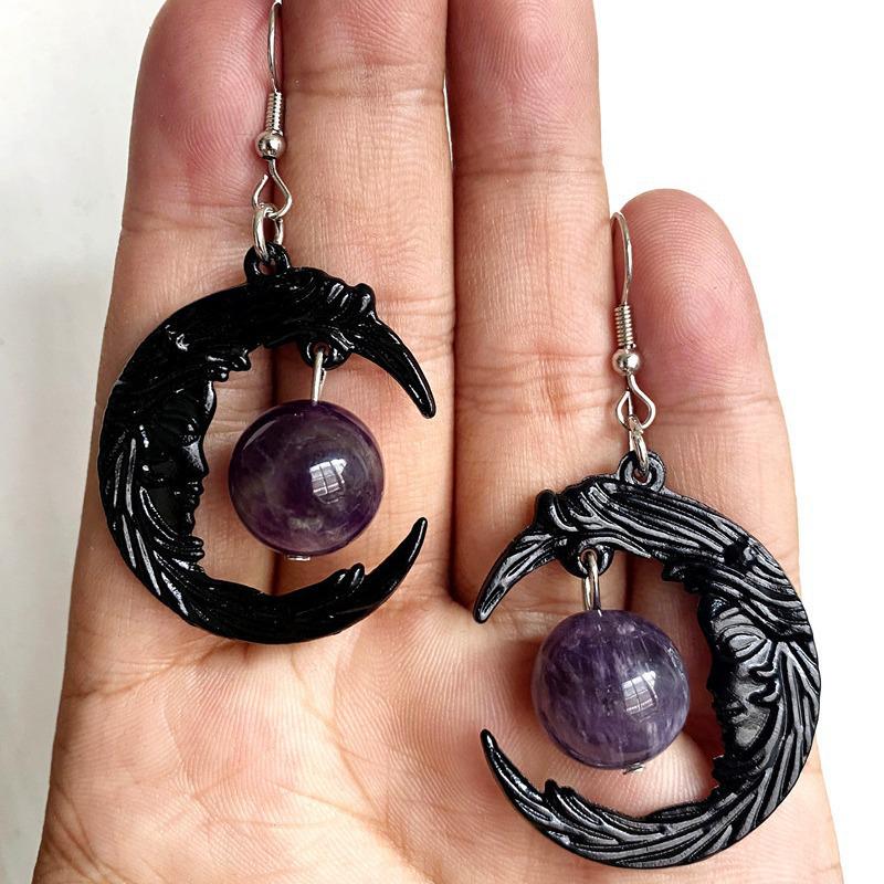 Dark Gothic Purple Crystal Moon Earrings