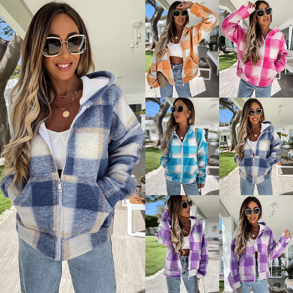 Women's Fashion Fall And Winter Plush Tweed Hooded Jacket Zipper Warm Top