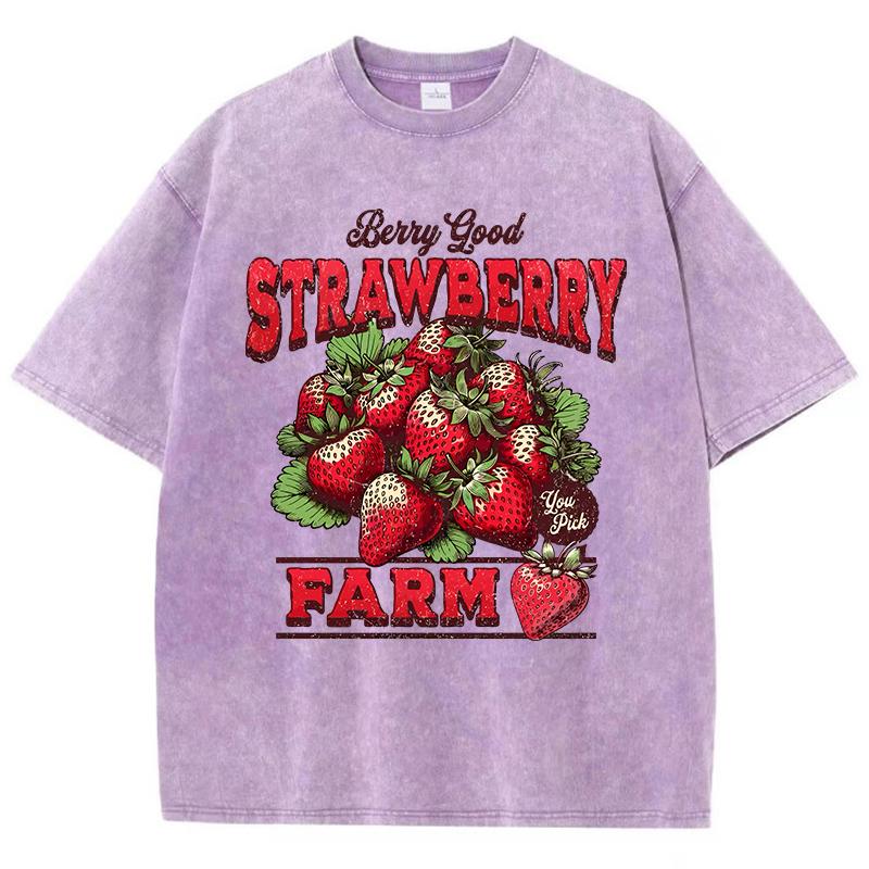 Cotton Womans Acid Wash T-Shirts Strawberry Farm Retro Prints Tees Comfortable Crewneck Oversized Tops Fashion Clothes