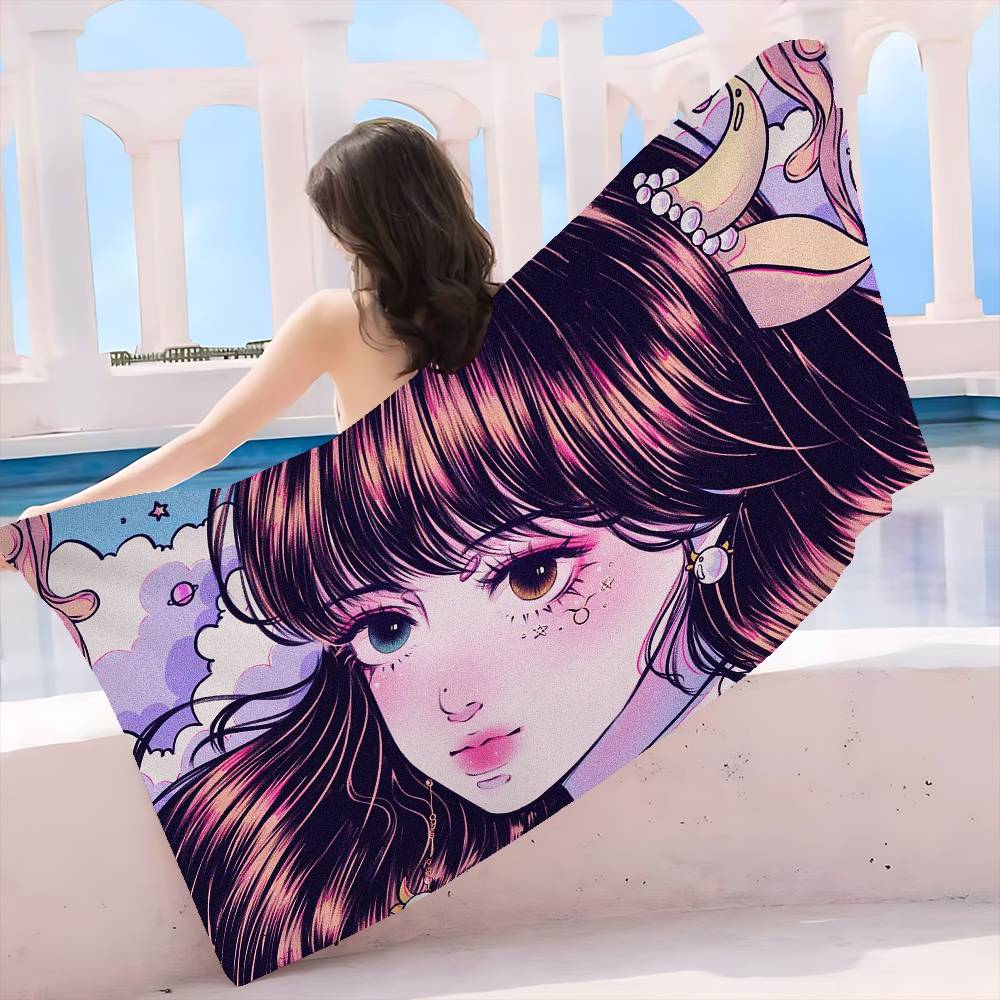 Pretty Girl Bath Towel Microfiber Soft Water Absorbing Breathable For Girl Kids Decorative Cartoon Beach Towel