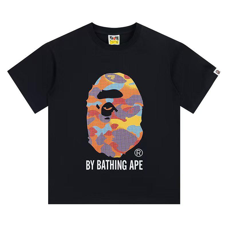 Mens Streetwear Oversized Cotton Tee With Camo Shark Ape Graphic Print Casual T-Shirt