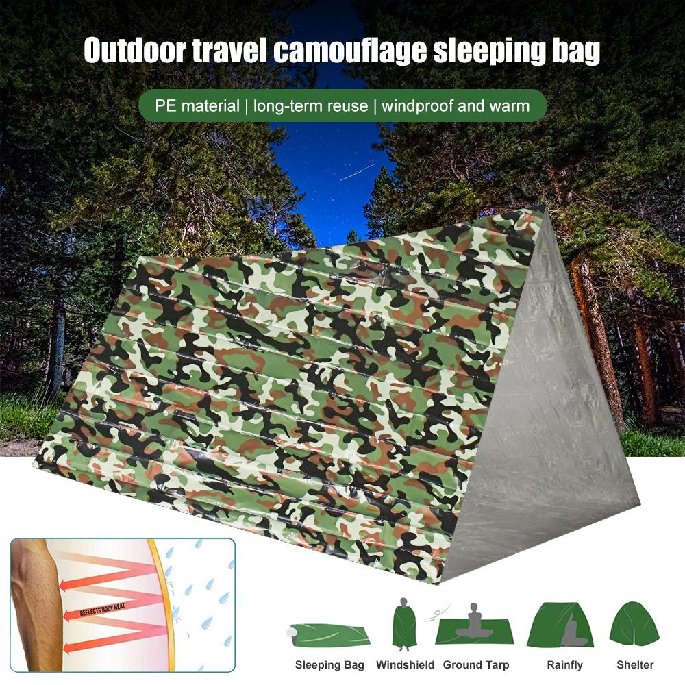 PE-Notfallschlafsack, Camouflage, wasserdicht, tragbar, Survival, 120 x 200 cm, Schlafsack für Outdoor-Camping, Wandern, Abenteuer