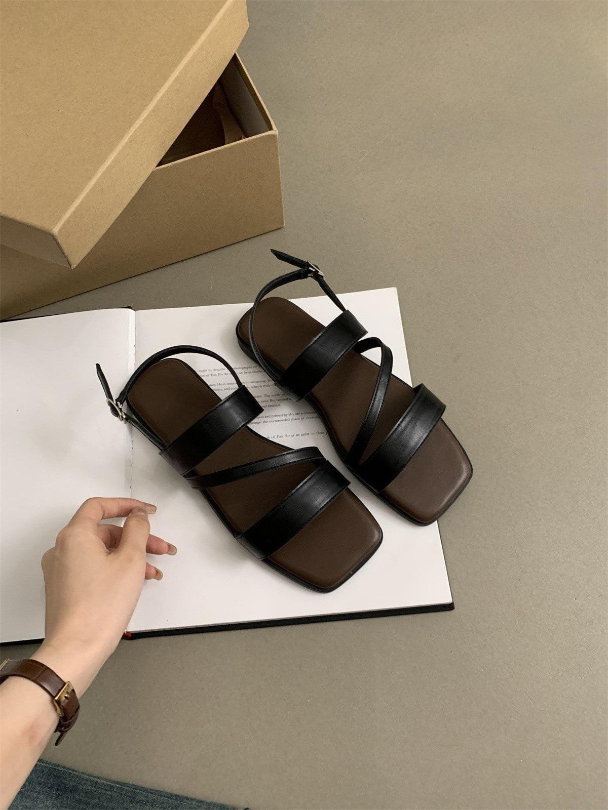 

Open-toed sandals women s summer wear 2025 new Korean version retro fairy style one-word buckle belt soft flat-soled Roman shoes 35