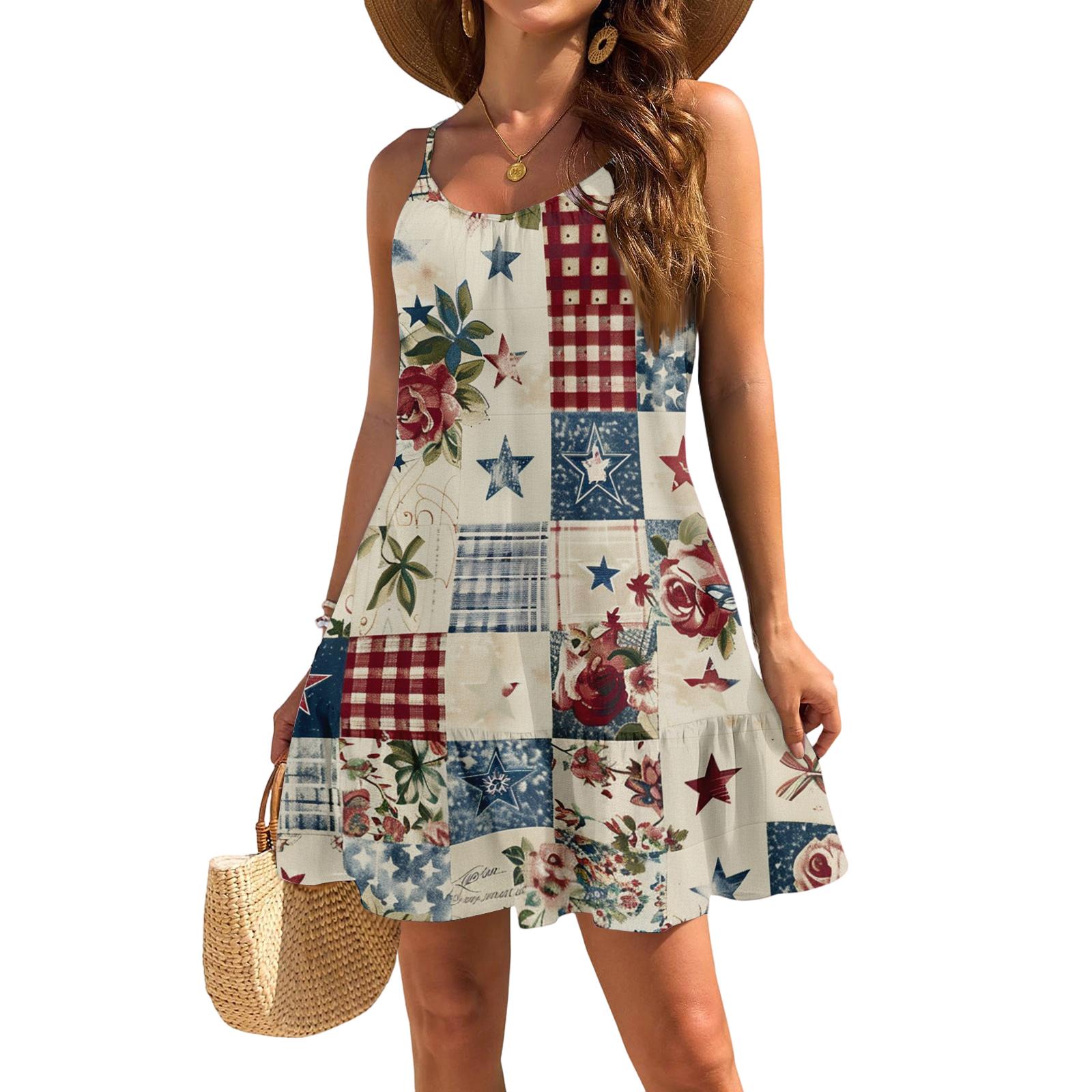 Women s Sleeveless Sling Loose Casual Elegant Beach Independence Day Printed Dress L бежевый