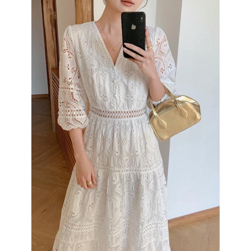 Elegant V-neck Puff Sleeve Crochet Hollow Summer Dress - 2025 Collection (A6809)