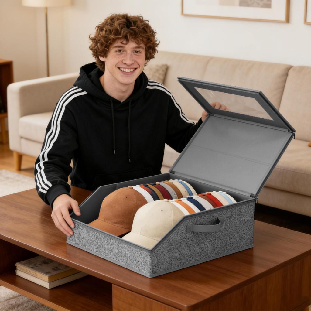 Baseball Hat Storage Box Hat Organizer Box Clear Window Thick Cardboard Container With 2 Handles Storing Up To 24 Hats
