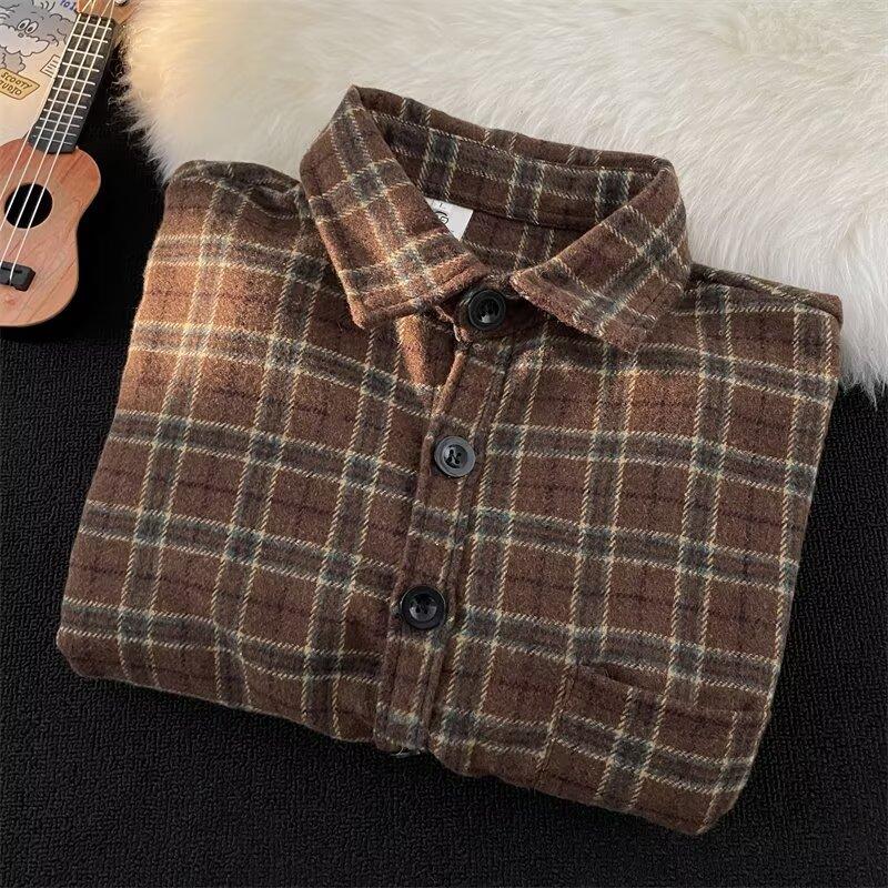 2024 Plaid Long Sleeve Shirt Japanese Hong Kong Style Ins Loose Shirt Boys Summer Trendy Versatile Casual Coat