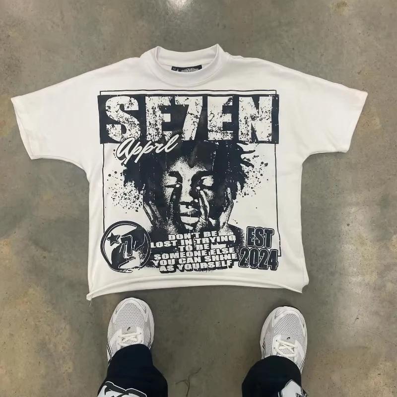 25 New Fashion Hot Y2k Top Alphabet Print Street Harajuku Short Sleeve T-shirt Men American Retro Loose Couple Casual Oversized