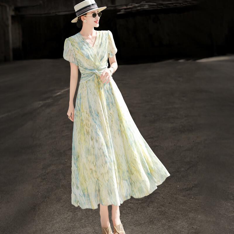 Elegant French Romantic Tie-Dye Chiffon A-Line Dress M