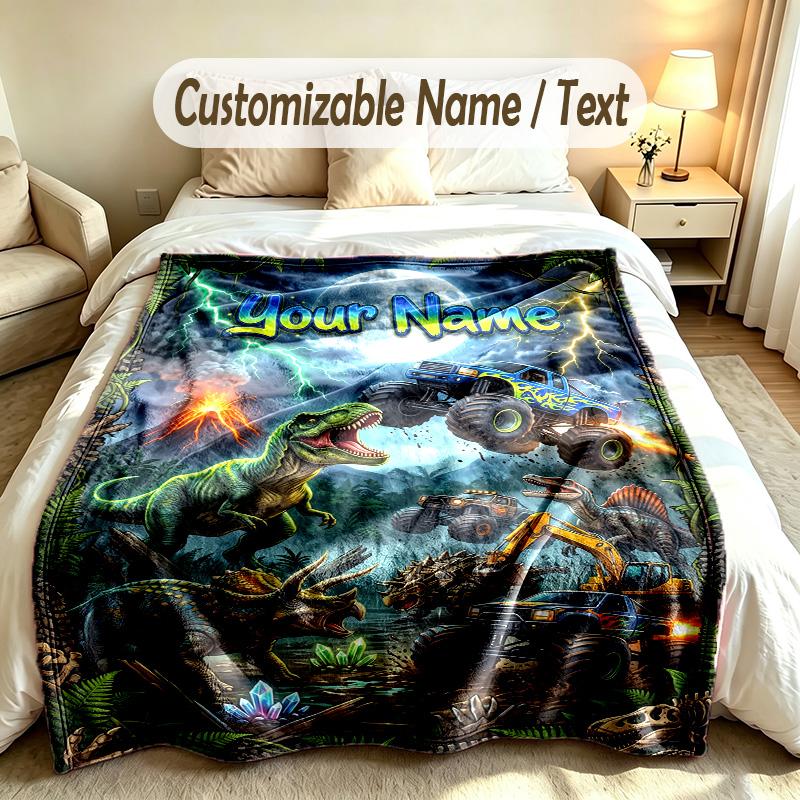 Dinosaur Theme Custom Blanket Personalized Name & Text Customized Soft Warm Throw Blanket Home Decor