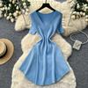 V-neck Short-sleeved Knitted Multi-color Dress, Summer A-shaped Skirt, Age-reducing Waist and Thin Temperament Commuter Skirt