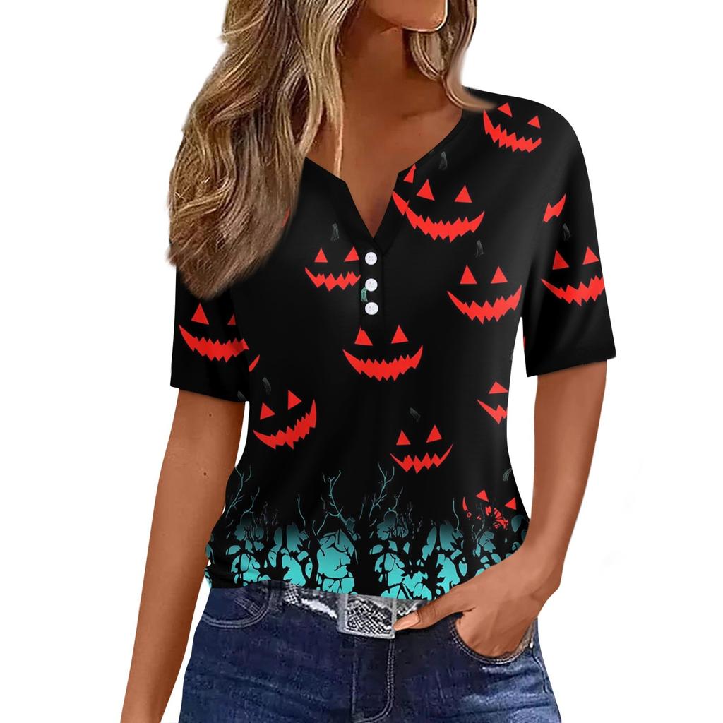 Women's T Shirt Tee Halloween Printed Button Short Sleeve Tunic Daily Weekend Fashion Basic V- Neck Regular Top