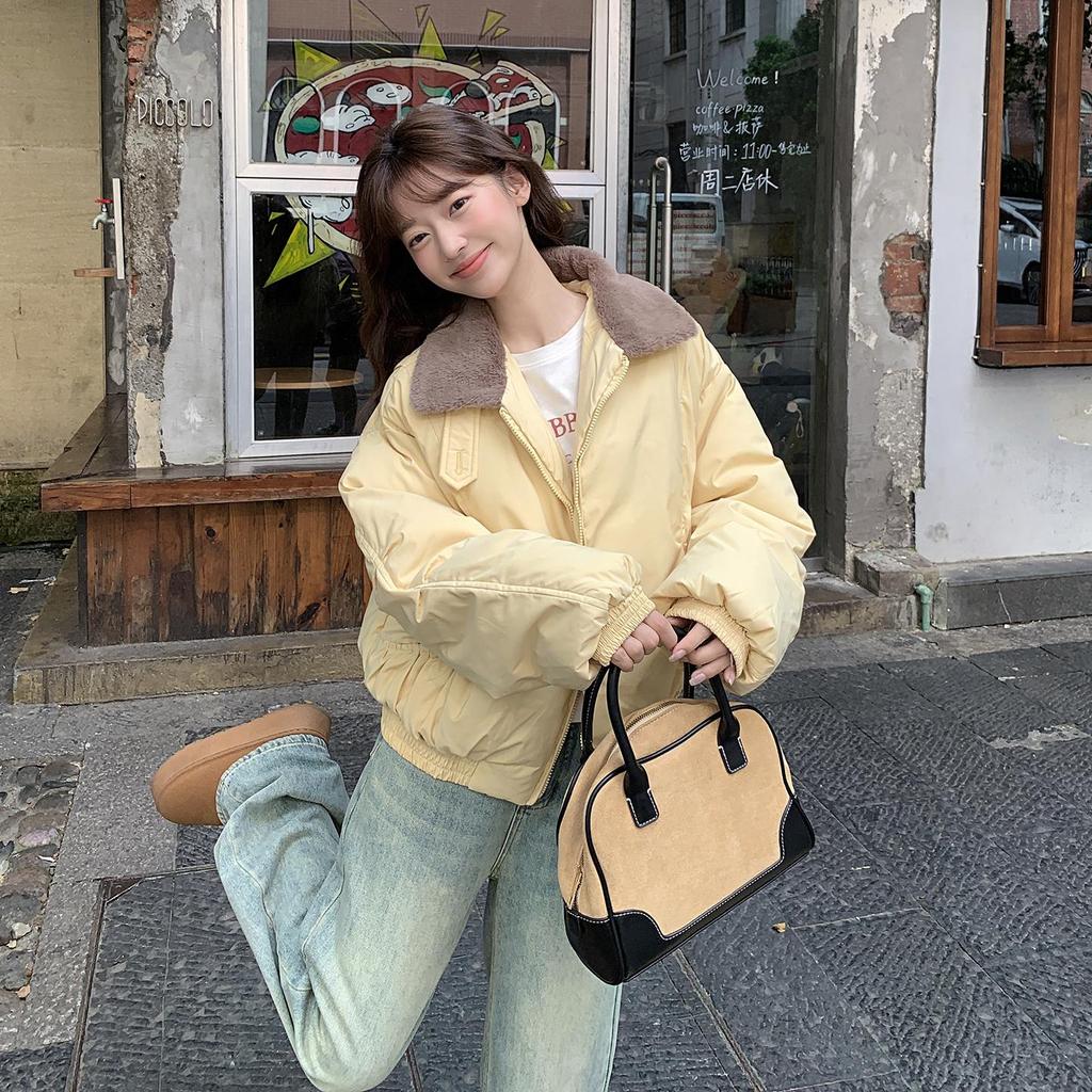Parka Acolchoada Quente Outono Inverno Feminina Casual Doce Cor Sólida Bolso Grande Jaquetas Largas Roupas de Fora