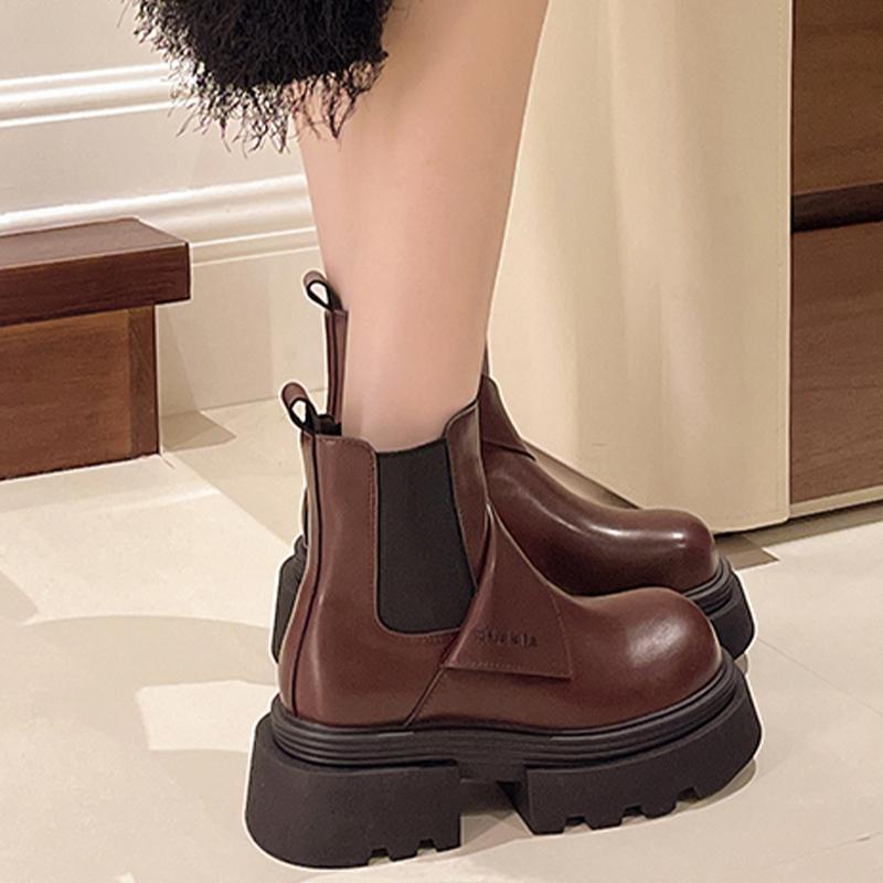 

Женские ботильоны на платформе, кожаные, на среднем каблуке, модная обувь 2025 года, трендовые зимние классические туфли-лодочки на толстой подошве, гладиаторские мотоциклетные ботинки 40 коричневый