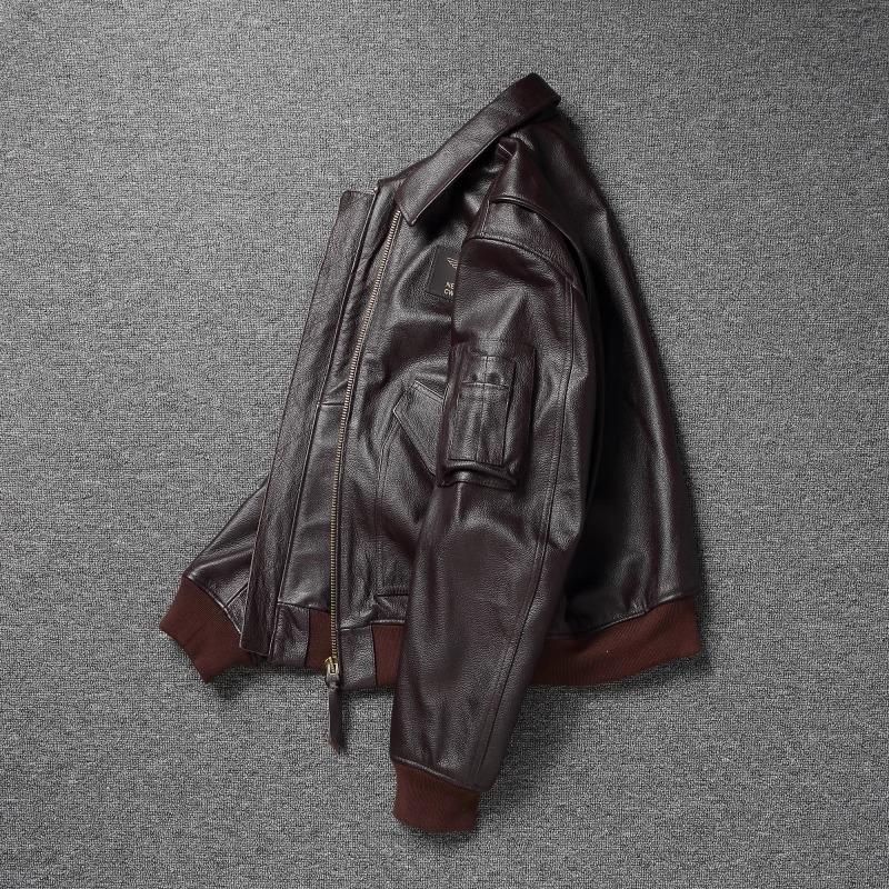 Chinese Size Vintage Brown First Layer Cowhide High Waisted Men Leather Jacket 45P Flight Coat Lapel Short Leather Jackets Pilot Jacket