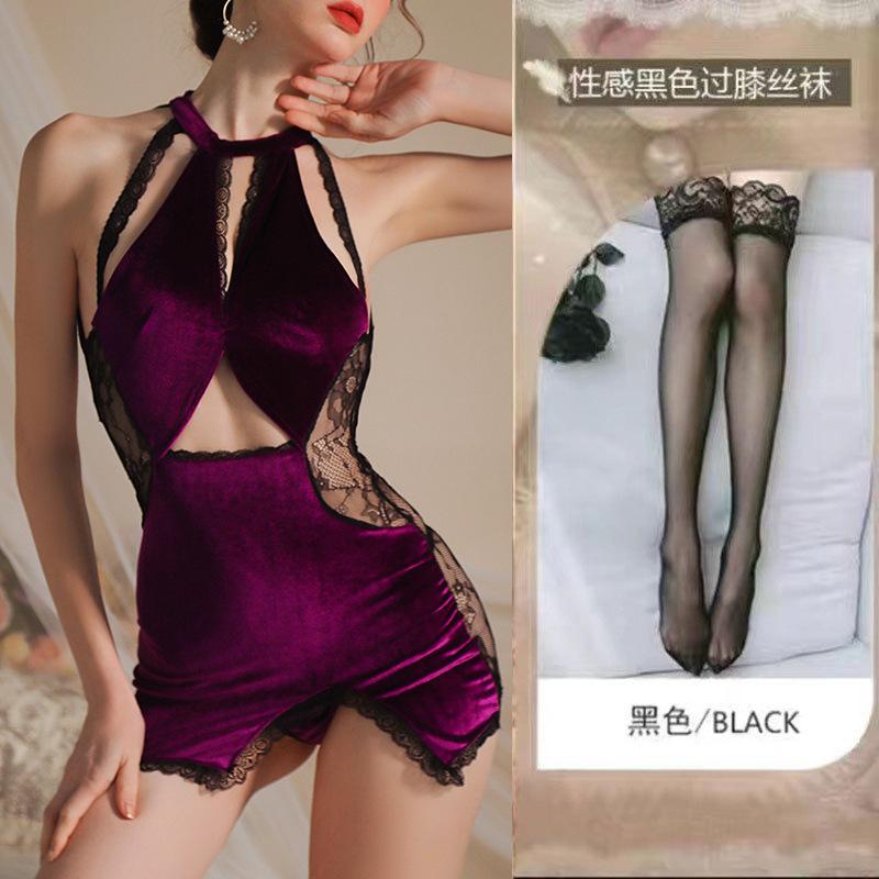 Sex underwear sexy pure lace splicing velvet temperament thin classical cheongsam purple charm hanging neck