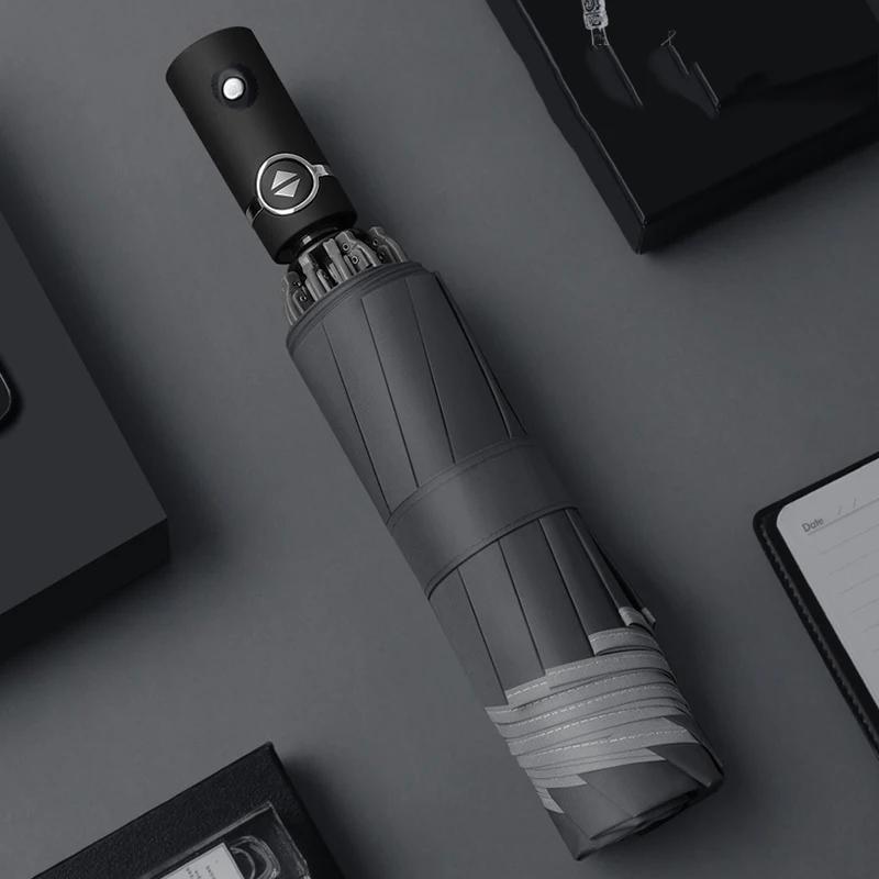 Automatischer Regenschirm mit reflektierendem Streifen, umgekehrter LED-Lichtschirm, drei faltbare umgekehrte 10 Rippen ohne Batterie