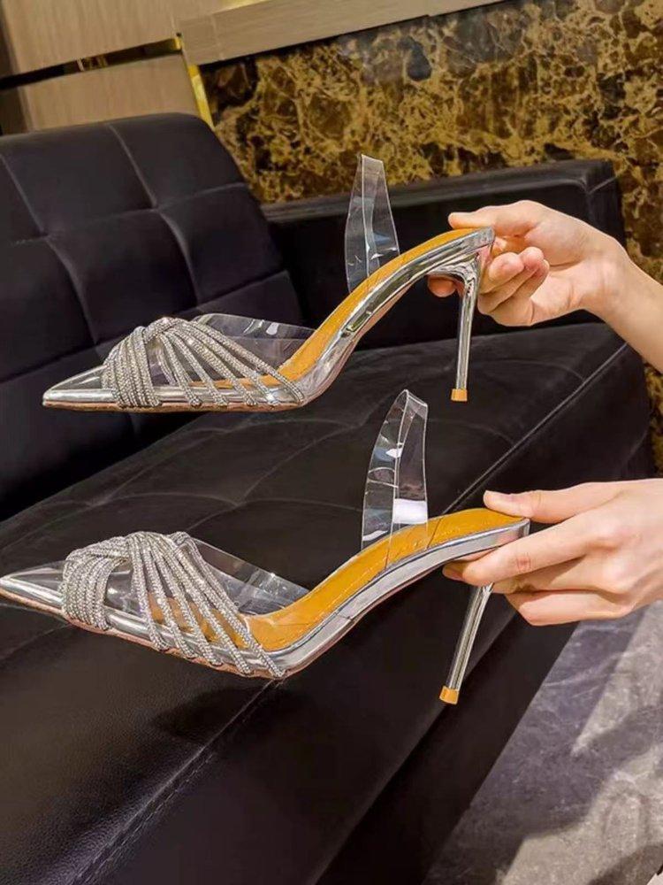 

[Youshilai] Pointed transparent rhinestone high heels, one-word cool slippers, sexy slippers and sandals for women 42