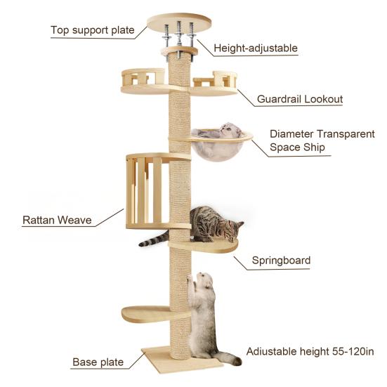 Floor To Ceiling Cat Tree, 6 Tier Adjustable Cat Tower with 7 Sisal Posts for Indoor Cats