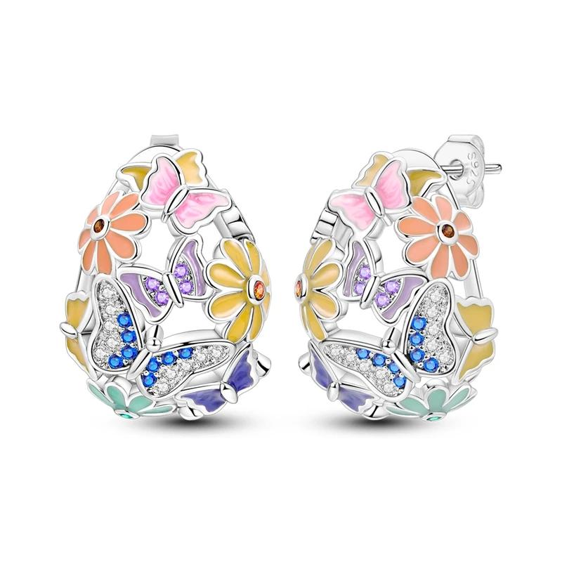Pink Series Romantic Flower Butterfly Unicorn Tulip Geometry 925 Silver Earrings Boutique Fine Jewelry Gifts for Women