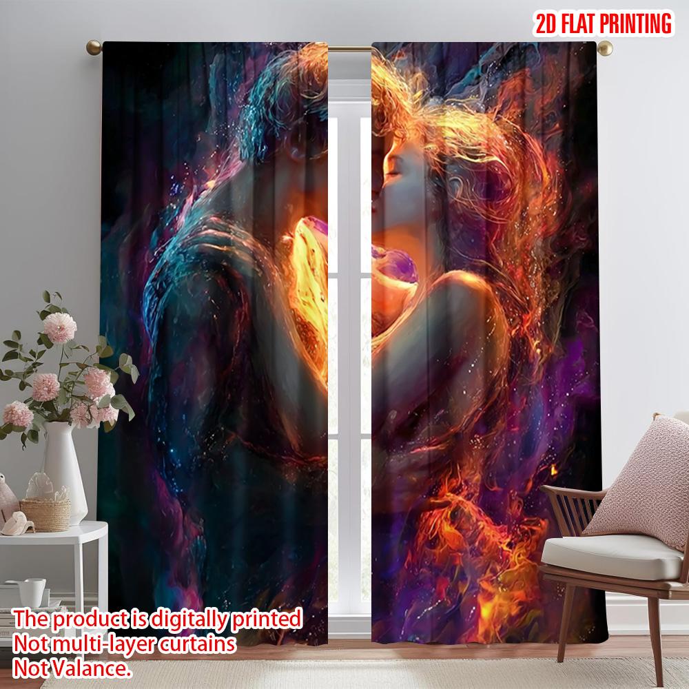 2pcs, plane printing Creative Curtains Romantic flame and ice couple Versatile 100% Polyester (without rod) Home Decor Use for