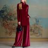 Fall Winter Chunky Velvet Loose Fit High Neck Ripped Hem Top Wide Leg Pants Set