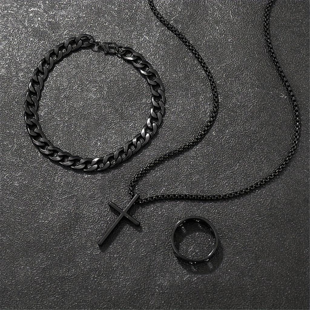Men Fashion Jewelry Set Featuring Cross Pendant Necklace Bracelet and Rings Gothic Jewelry for Stylish Faith Expression