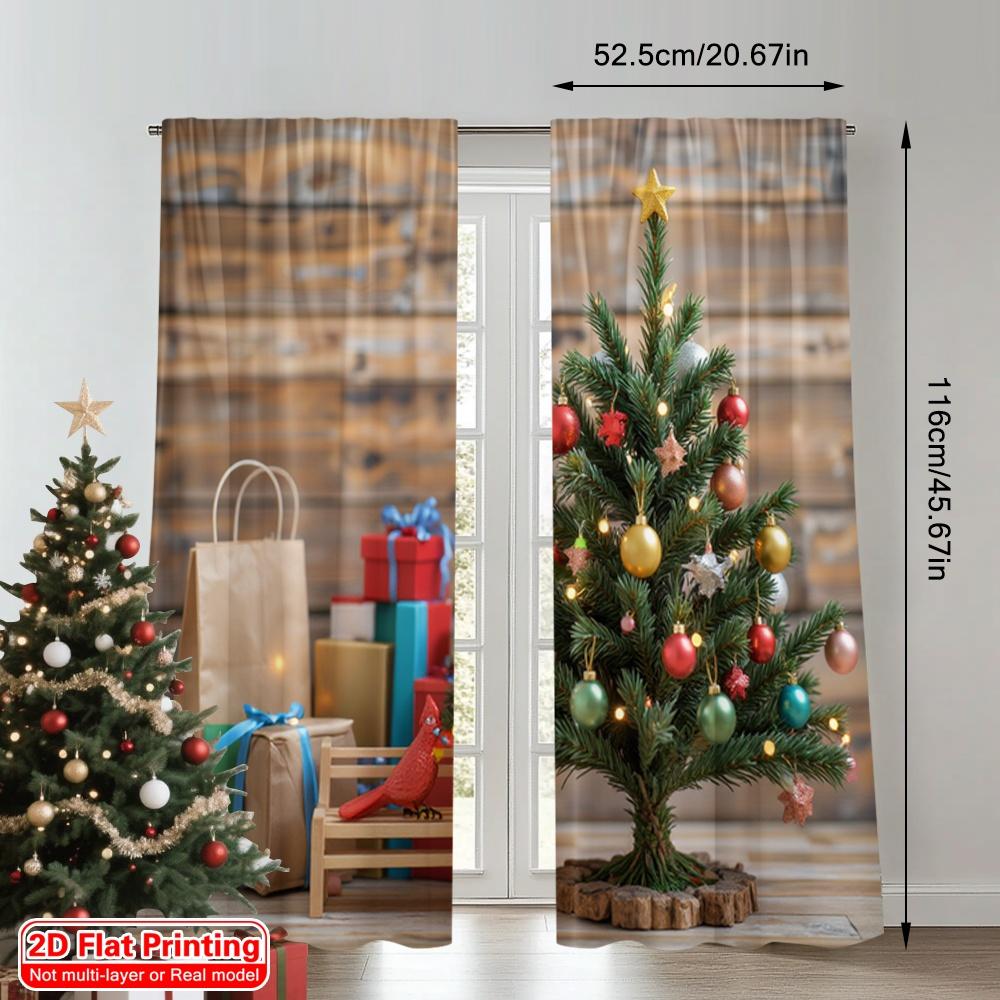 2pcs 2D Flat Printing Christmas Scene Curtain Christmas Tree Ornaments Gifts_c Fabric Without Electricity Festive Wall Decor