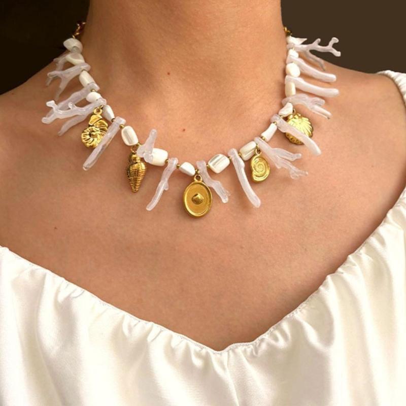 Sea Starfish Coral Shell Beaded Necklace Lightweight Stainless Steel Acrylic Stackable Jewelry For Daily Wear
