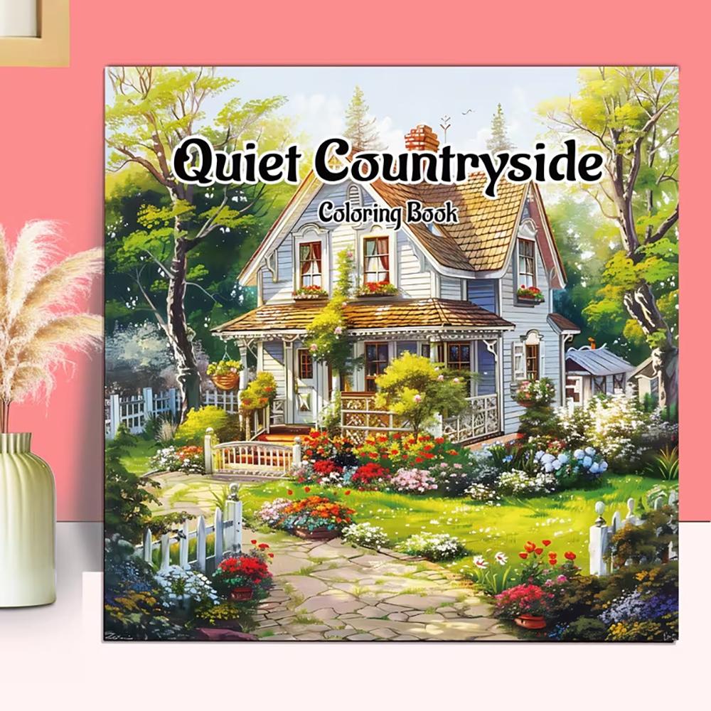 24 pages peaceful countryside coloring book, a rustic style cabin in the woods, an adult coloring book, a graffiti painting,